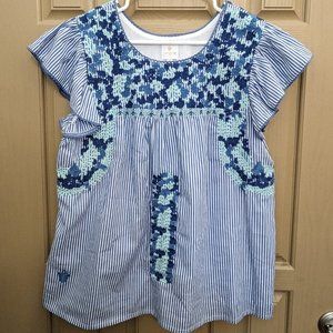 J. Marie Womens Blue Vertical Pinstripe EmbroideredBlouse Sz L Ruffle Cap Sleeve